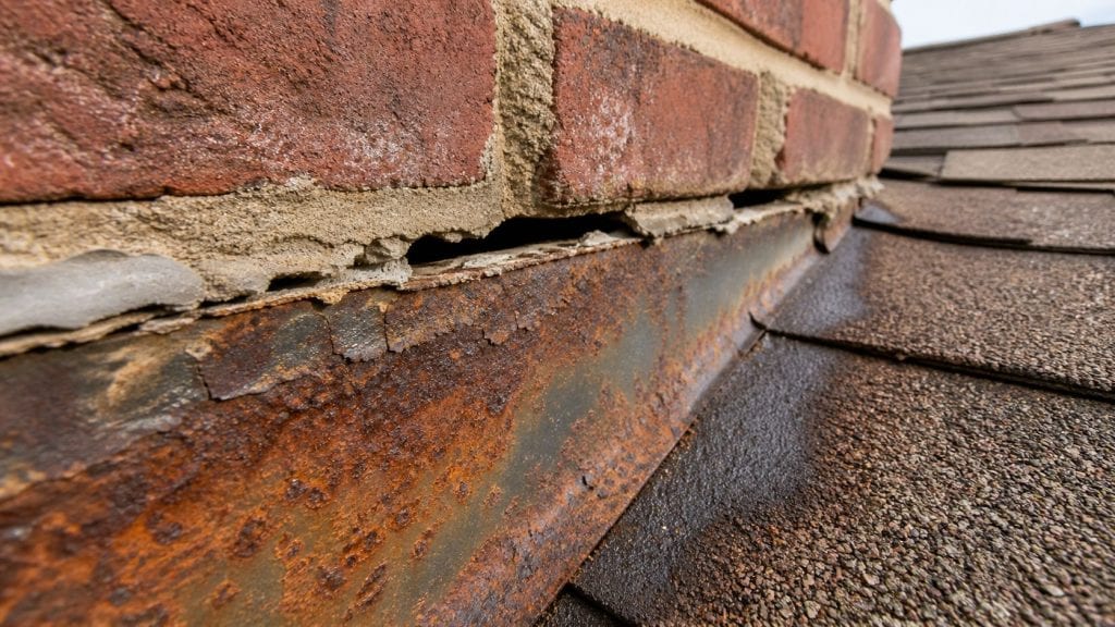 Close-up of deteriorated metal chimney flashing on a shingle roof showing corrosion rust staining cracked sealant and a visible gap where the flashing has separated from the chimney masonry