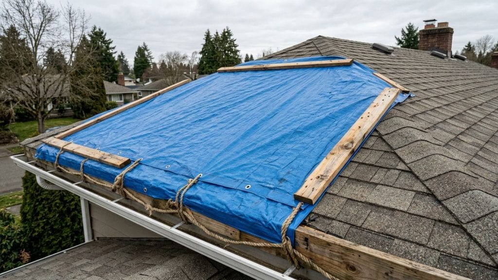 Blue heavy-duty polyethylene tarp secured tightly over a damaged section of a residential roof with wooden battens holding the edges down and rope ties at the corners